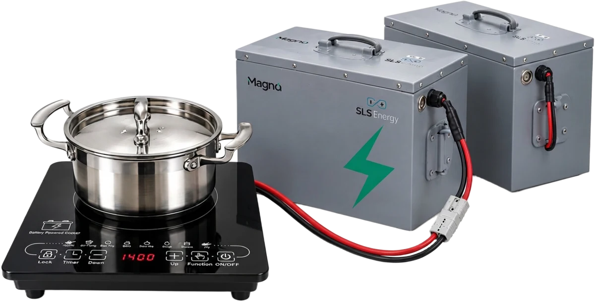 Magna's battery-powered induction cooker with a stainless steel pot, connected by heavy cables to two Magna battery packs